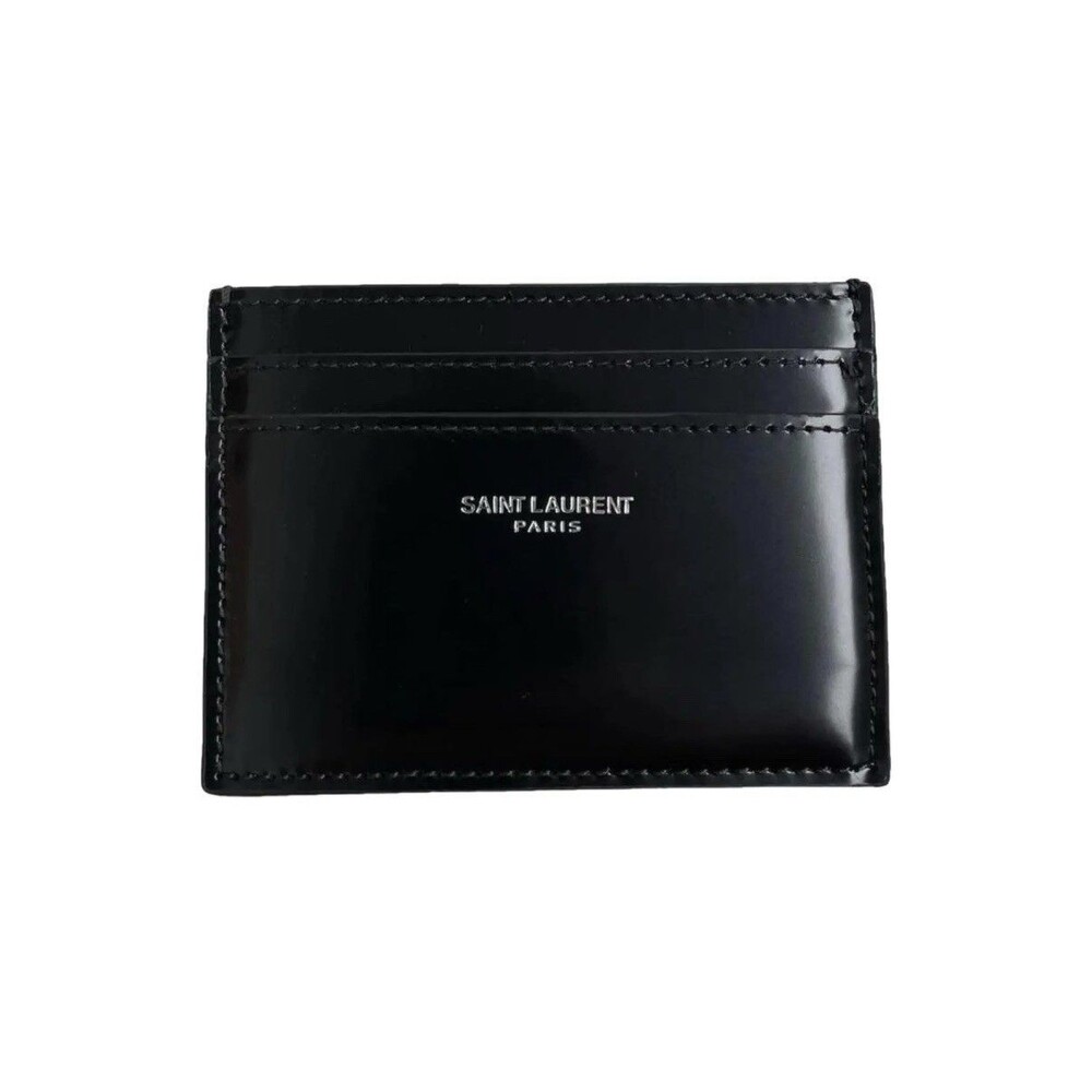 Saint Laurent Paris Black and Silver Patent Leather Card Holder New w/COA
